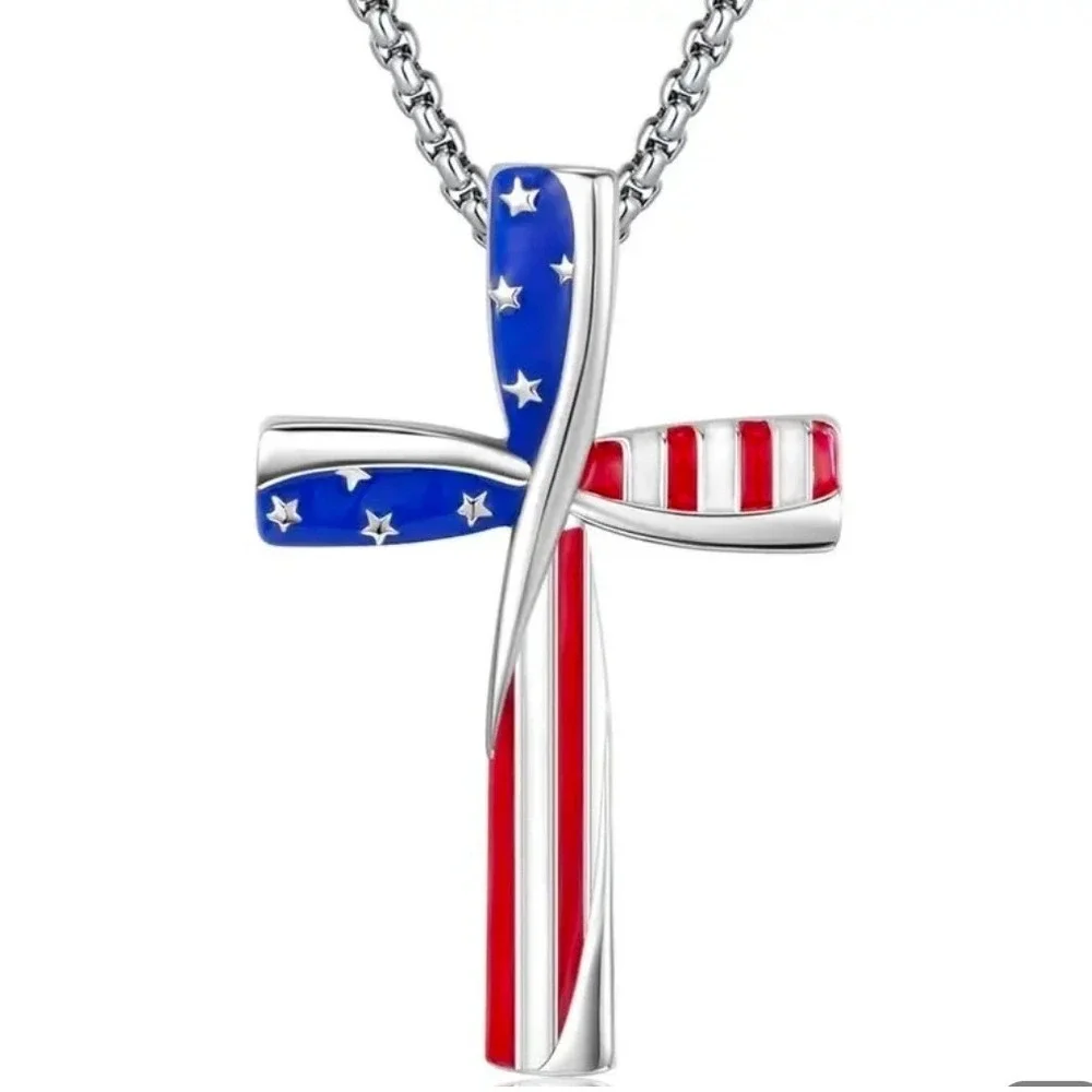 American Flag Cross‎ Necklace Stainless Steel Pendant Patriotic Jewelry USA